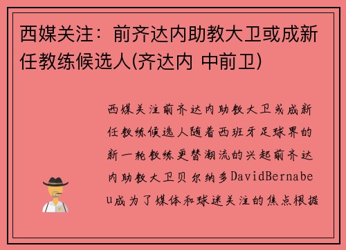 西媒关注：前齐达内助教大卫或成新任教练候选人(齐达内 中前卫)