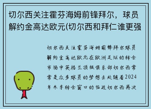 切尔西关注霍芬海姆前锋拜尔，球员解约金高达欧元(切尔西和拜仁谁更强)