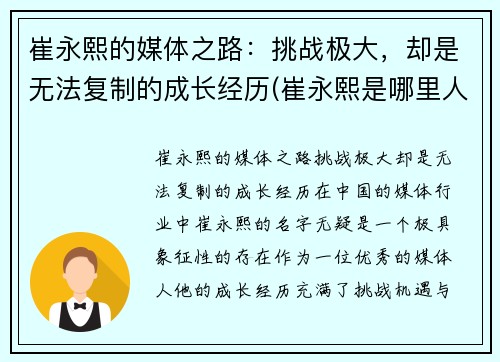 崔永熙的媒体之路：挑战极大，却是无法复制的成长经历(崔永熙是哪里人)