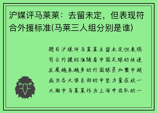 沪媒评马莱莱：去留未定，但表现符合外援标准(马莱三人组分别是谁)