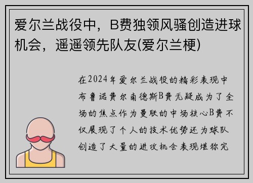 爱尔兰战役中，B费独领风骚创造进球机会，遥遥领先队友(爱尔兰梗)