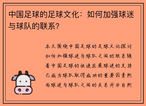中国足球的足球文化：如何加强球迷与球队的联系？